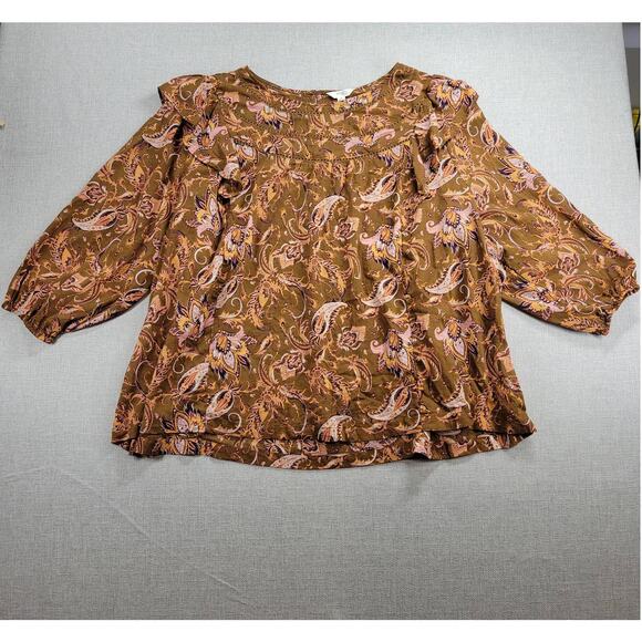 Terra & Sky Womens Blouse Size 4X Brown Paisley Print Ladder Trim Ruffle Peasant - Picture 1 of 11